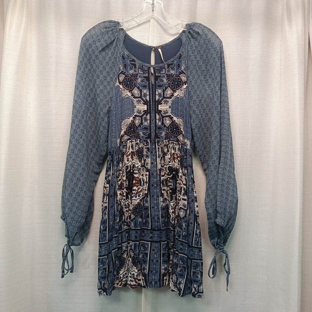 Free People Blue Mixed Print Boho Mini Dress Long Sleeve Tie Cuff Womens 4